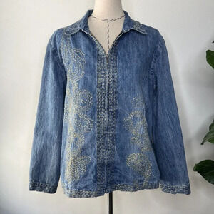 Chicos Denim Jacket Embroidered Gold Paisley Vintage Sz M 90s